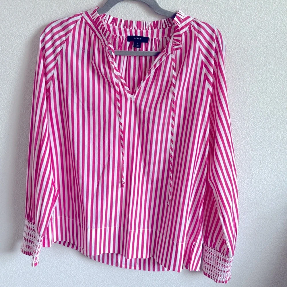 EUC J. Crew Smocked-Cuff Stripe Popover Top - Picture 4 of 8